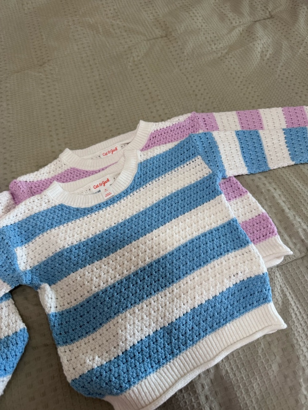 Cat & Jack White, Blue and Lavender Striped Crochet Crew Sweater